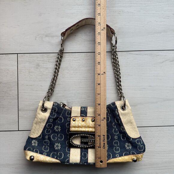 Y2K Gussaci Denim Monogram Faux Croc Leather Baguette Bag Purse Bling Big Buckle - Picture 13 of 13